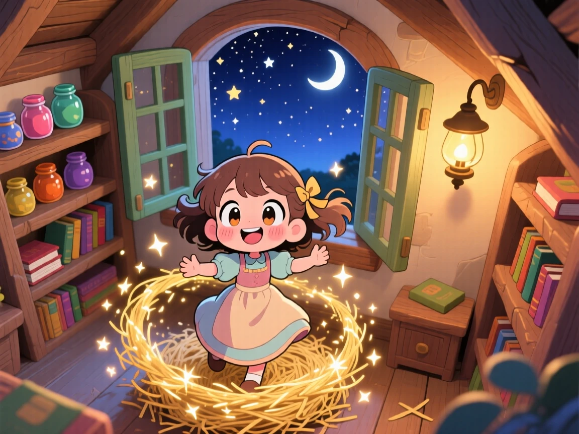 A young girl spinning straw that sparkles like gold in a cozy storybook cottage room under a starry midsummer night sky; warm lamplight washes over the scene as playful mischief fills the moment. High aerial view.