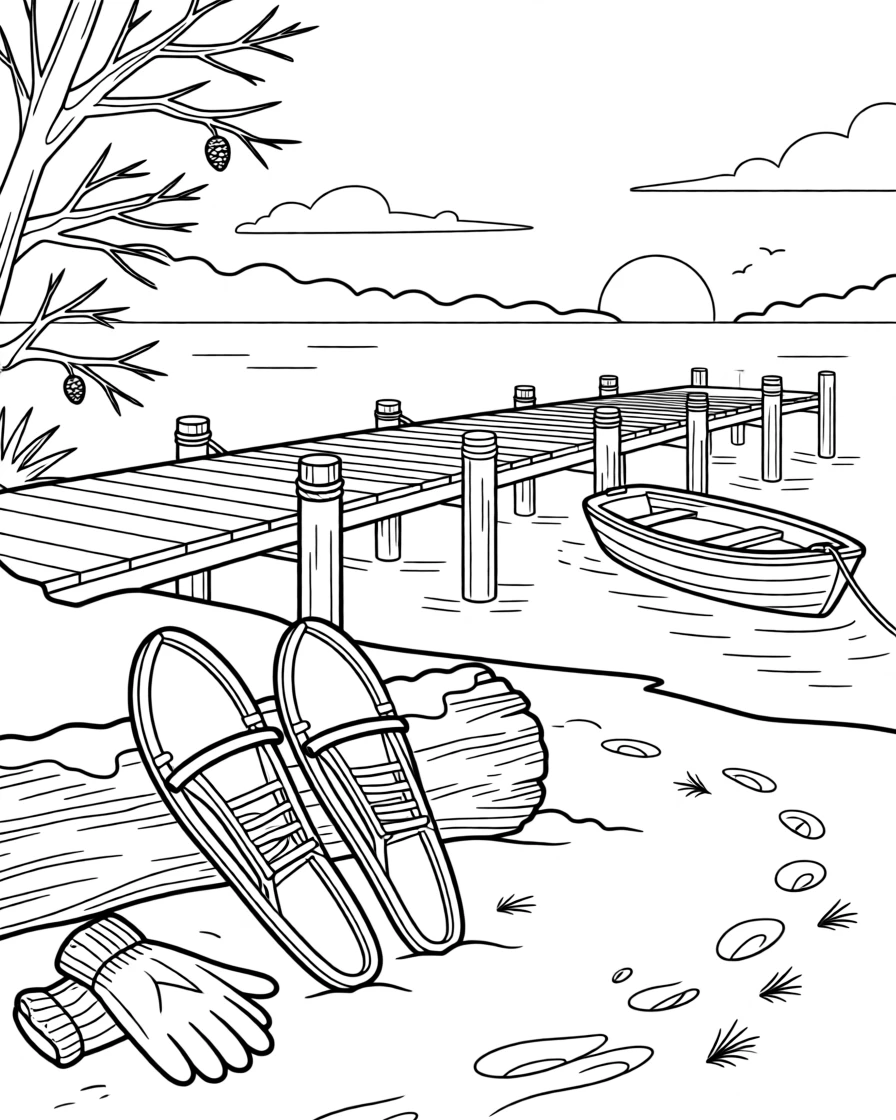 A pair of snowshoes leaning against a log near a frosty trail, a foggy pier stretching into a still harbor at dawn.