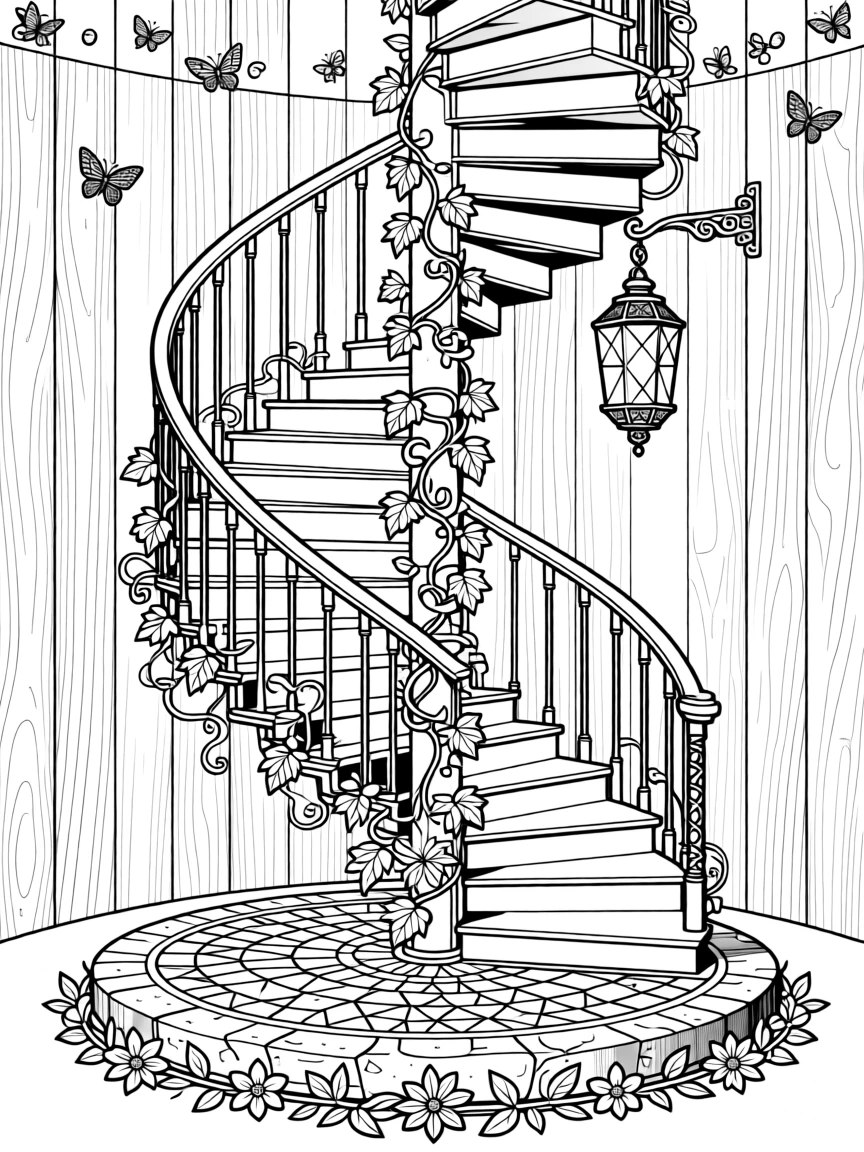 A single spiral staircase wrapped entirely in climbing ivy.