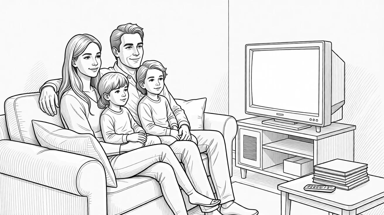 A family gathered around a television watching a movie together