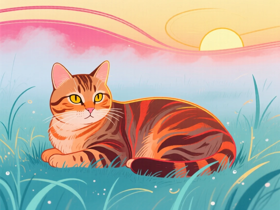 A tabby cat resting in a misty morning field at sunrise.