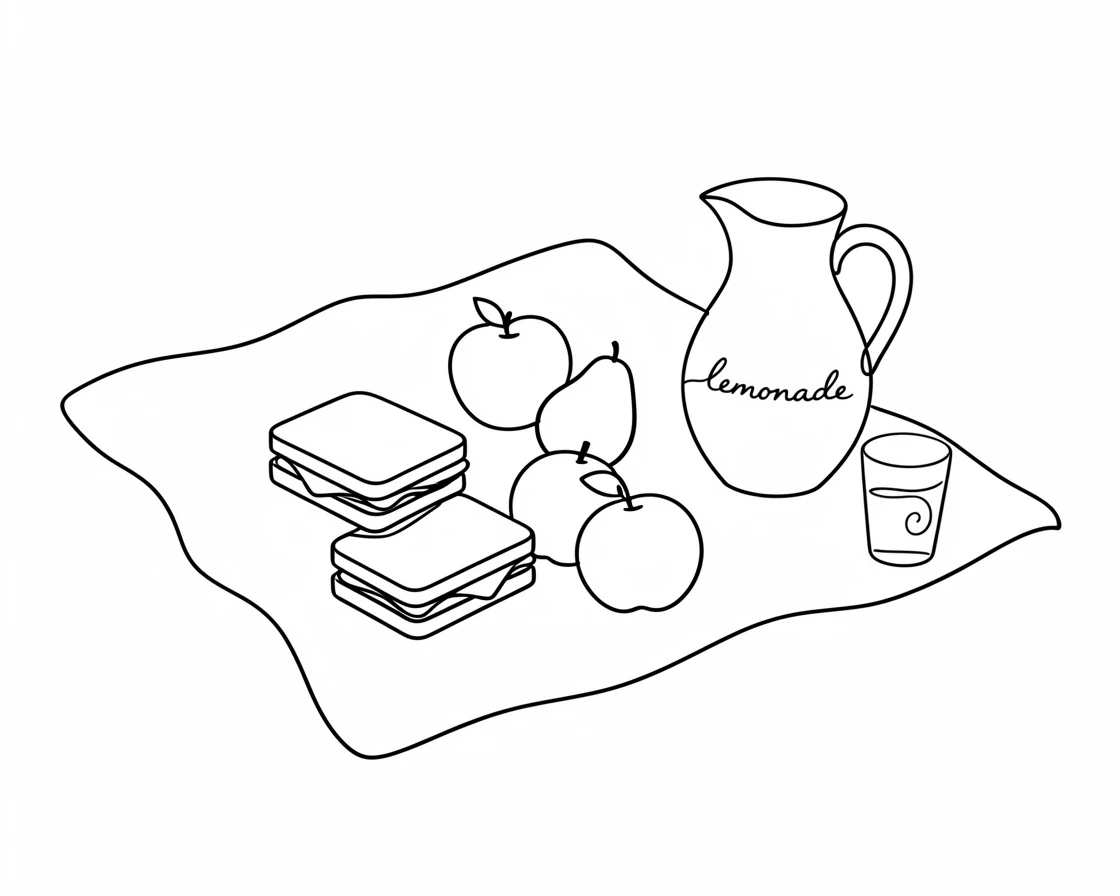 A picnic spread of sandwiches, fruit, and lemonade laid out on a blanket