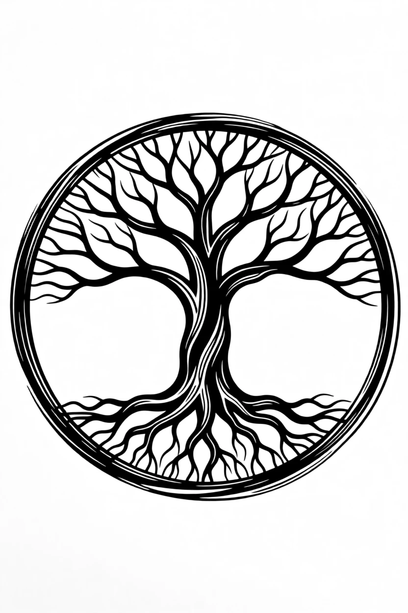 A tree with roots and branches mirrored perfectly to form a circle of life.