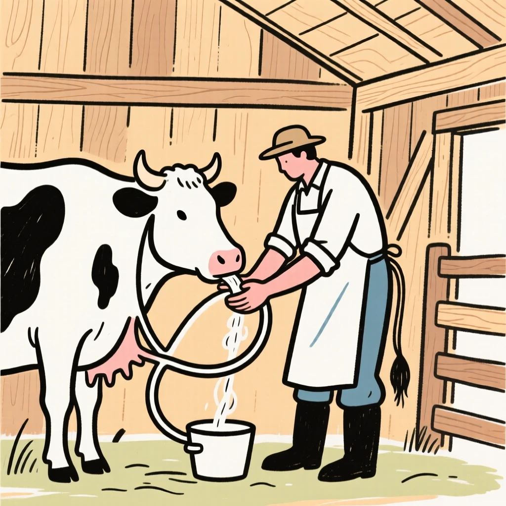 A farmer milking a cow by hand inside a cozy wooden barn.