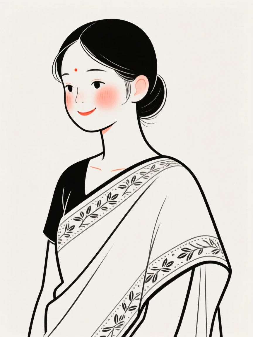 A teenage girl wearing an embroidered sari, smiling shyly.