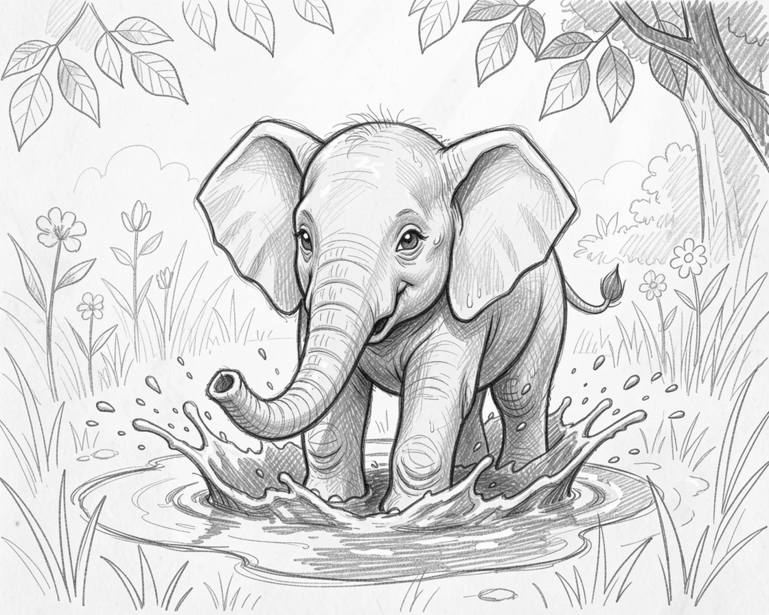 A charming close-up of a baby elephant splashing in a mud puddle in a sunlit garden, radiating pure innocent charm.