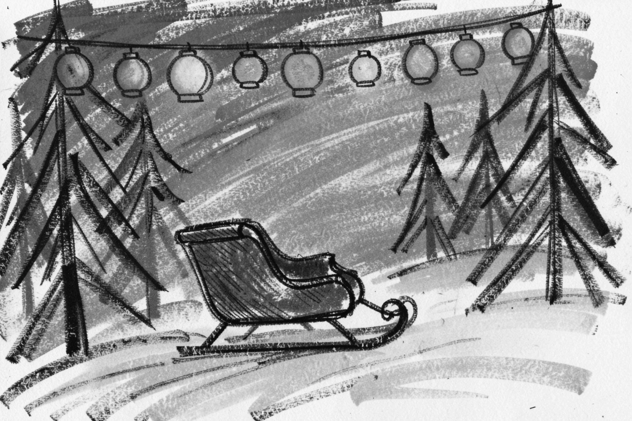 A sleigh gliding through a snowy forest at twilight, under a canopy of colorful lanterns.
