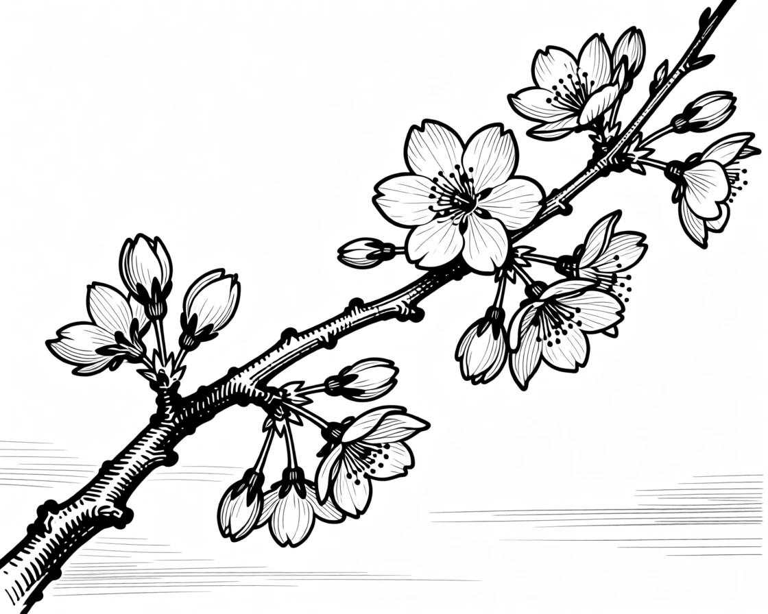 A blooming cherry blossom branch reaching across an empty, peaceful sky.