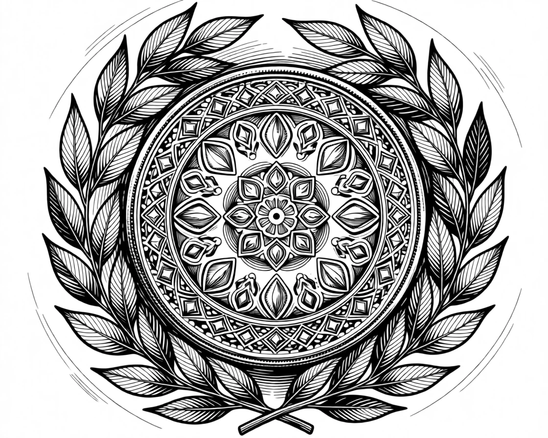 A decorative medallion framed by laurel branches designed as an elegant decorative motif, with a subtle repetition of shapes throughout, forming an elegantly decorative composition.