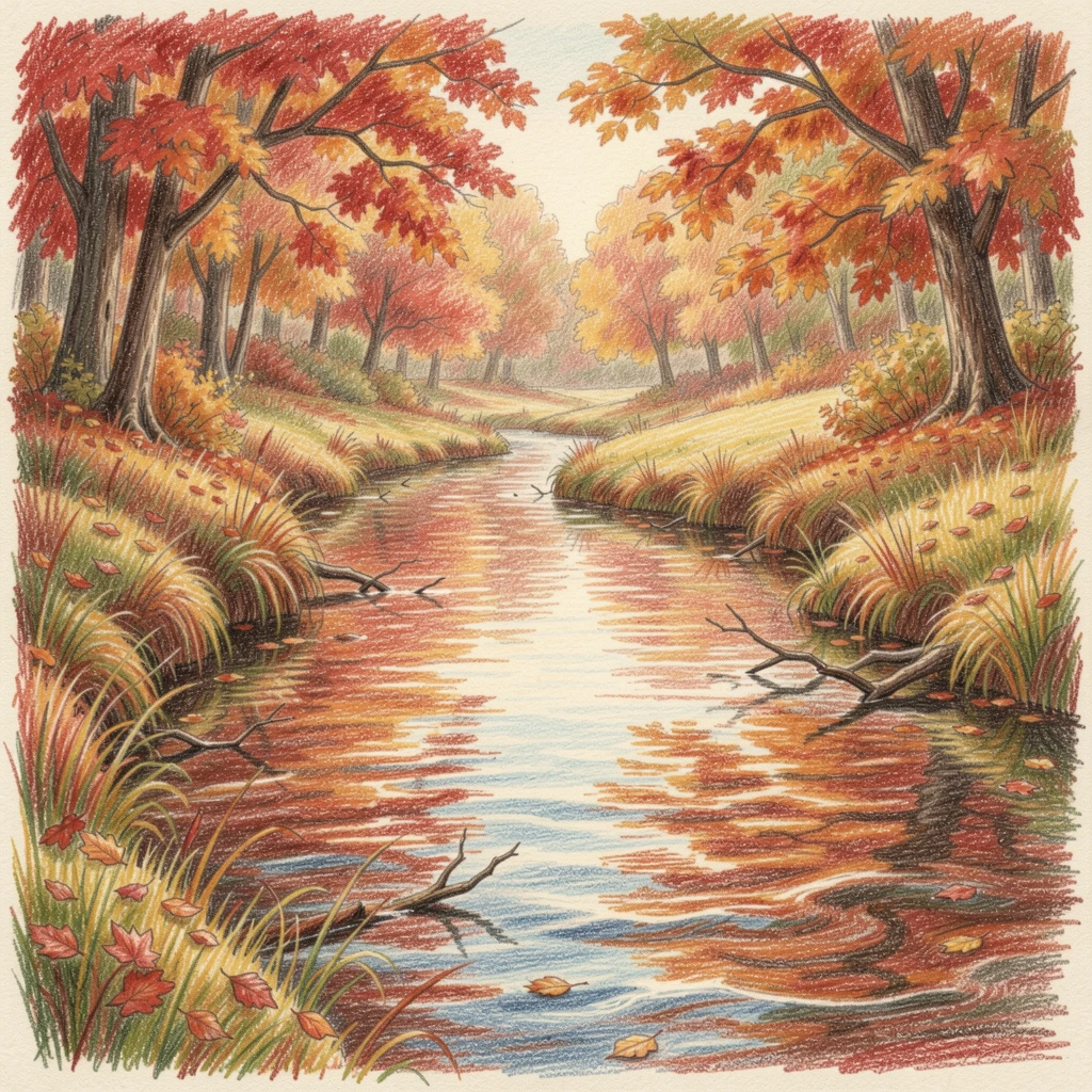 A quiet countryside stream reflecting autumn's fiery foliage, with rich, inviting textures throughout the scene, perfect for anyone drawn to gentle, heartfelt imagery.