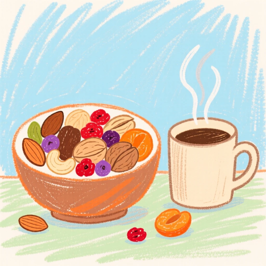 A bowl of mixed nuts and dried fruit placed beside a steaming cup of coffee.