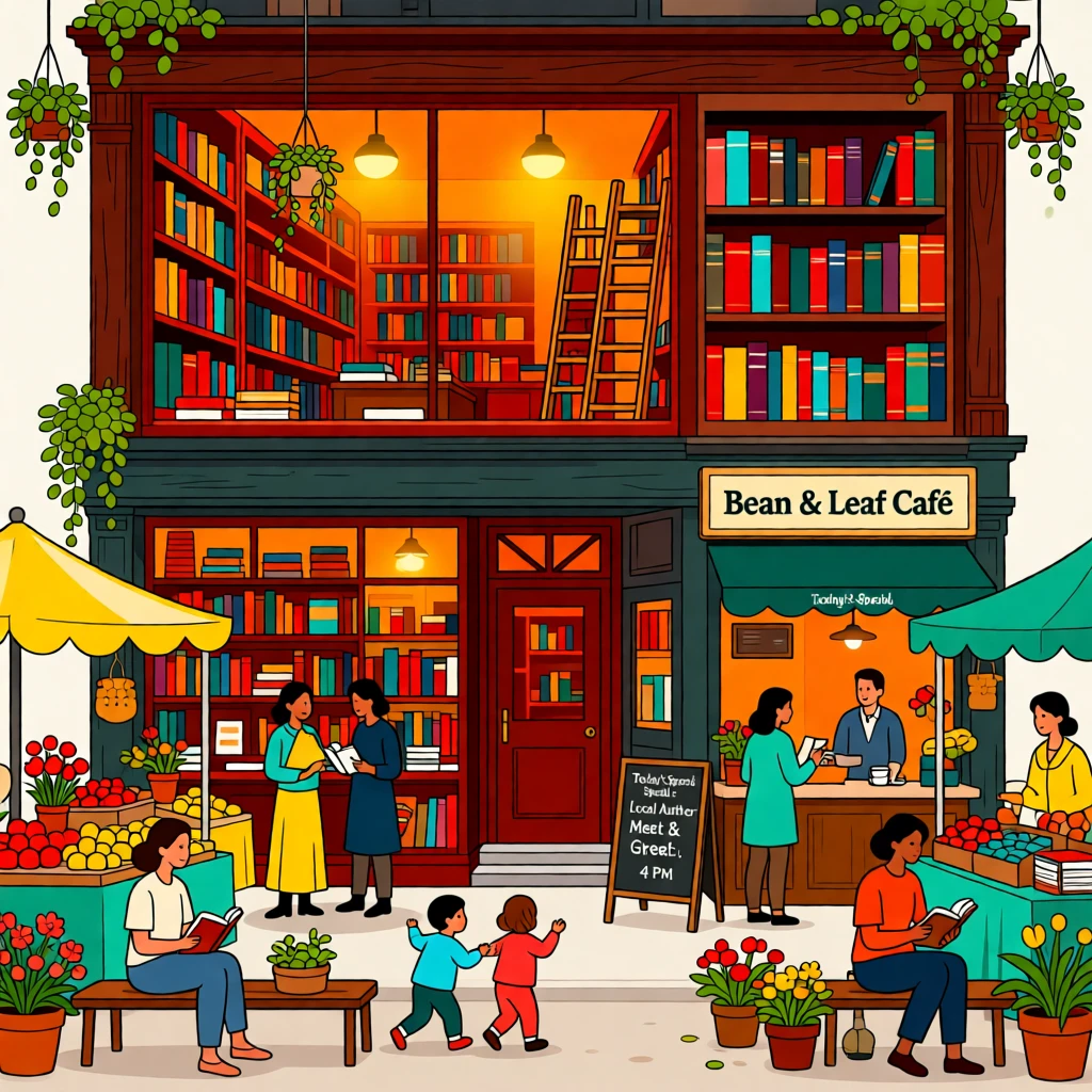 A cozy indie bookstore with warm lighting and towering shelves, set within a bustling, cheerful marketplace, framed with vibrant colors and lively energy, with a sense of community and connection in every detail.