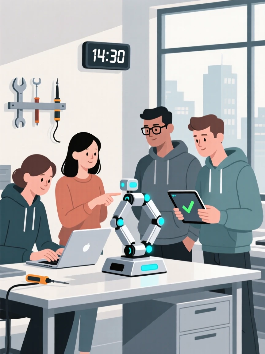 A group of programmers launching a prototype in a modern robotics workshop.