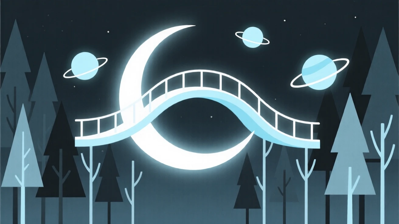 A magical bridge made of moonlight nestled within a forest suspended in midair, glowing near miniature planets, full of whimsical fantasy.