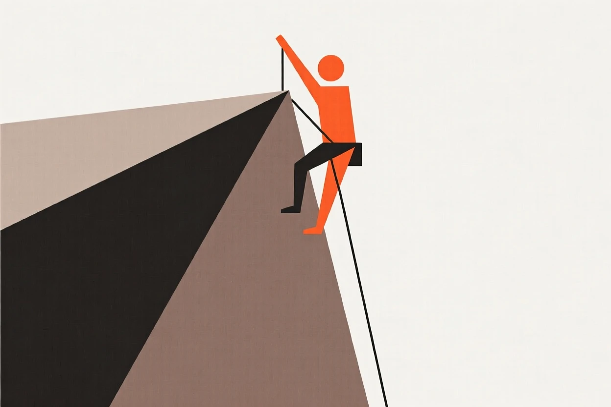 A climber reaching the top of a steep cliff