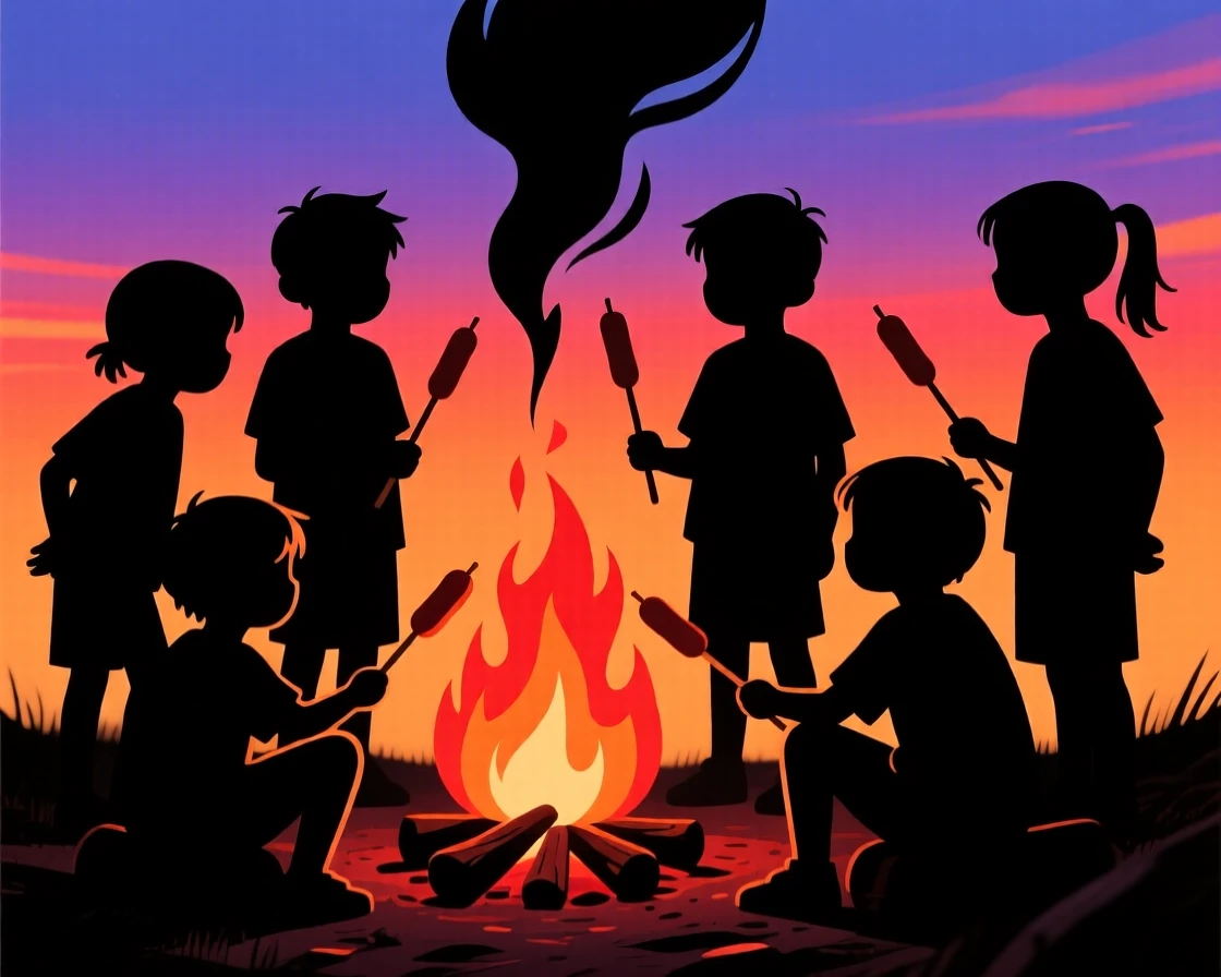 A group of children roasting hot dogs together over an open fire.