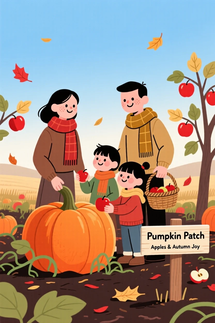 A family gathers apples in a pumpkin patch as red and gold leaves drift down around them under a crisp blue sky.