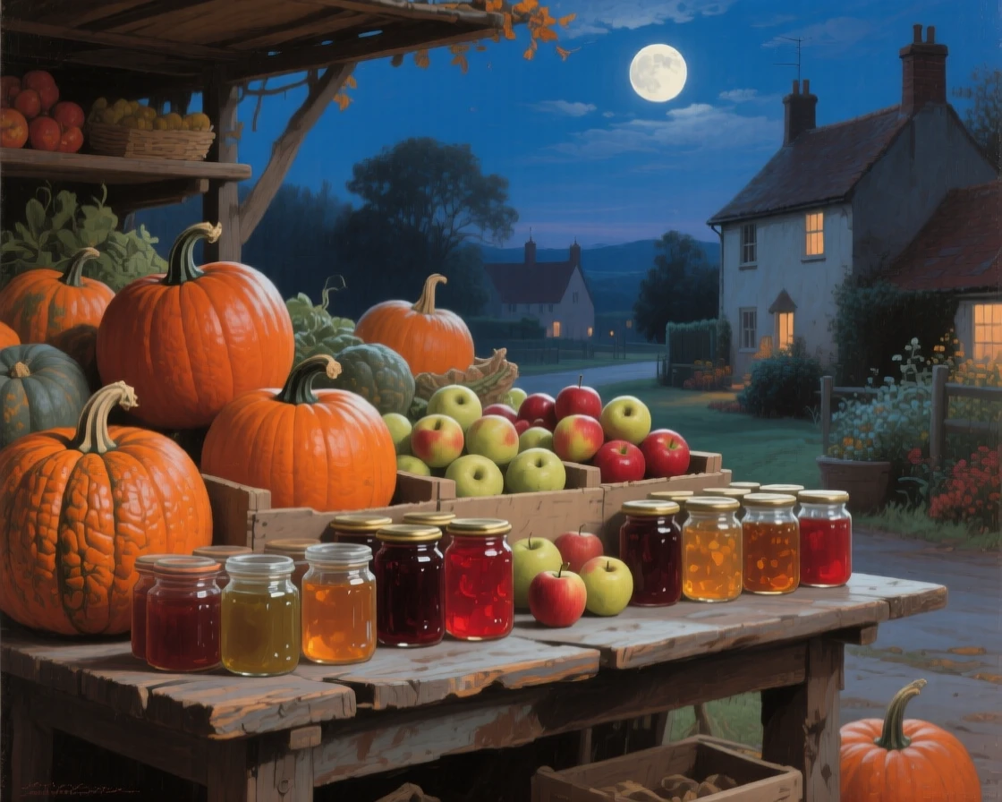 A close-up portrait of a farmstand piled with pumpkins, apples, and jars of preserves, under a full moon, in a small English village.