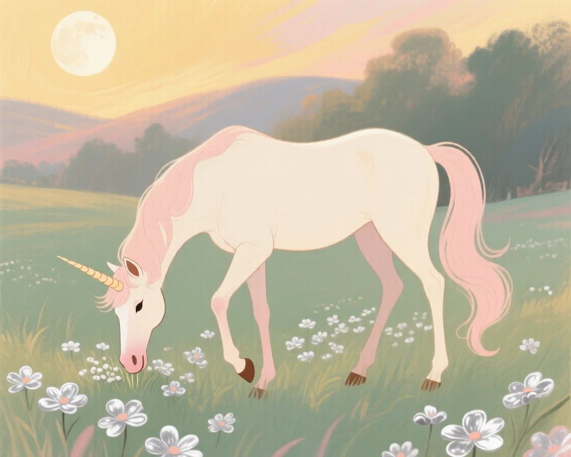 A unicorn grazing in a moonlit meadow of silver flowers