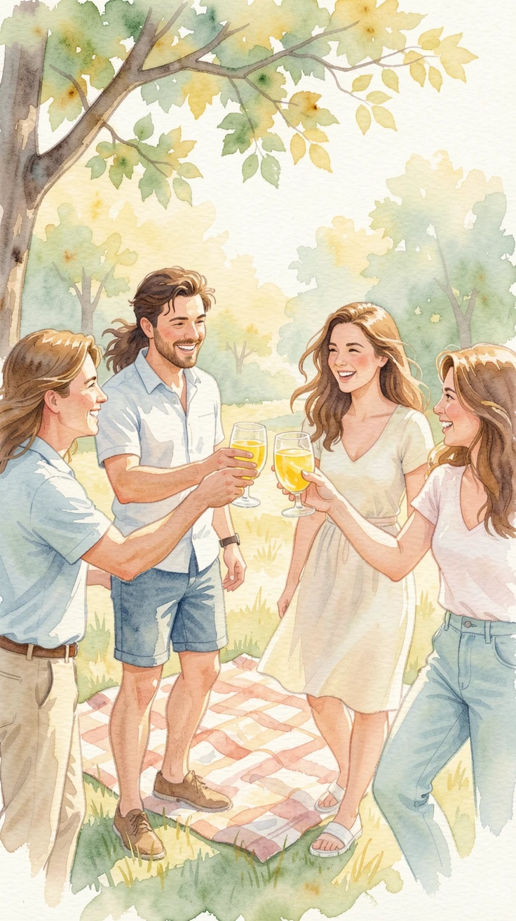 Friends toasting with lemonade at a summer gathering with a gentle breeze and soft afternoon light.