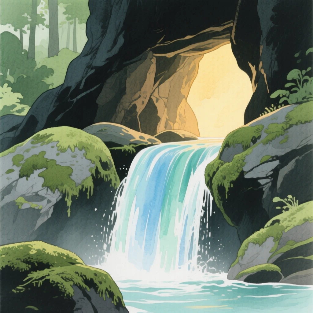 A hidden waterfall reveals a secret cave entrance glowing faintly with golden light behind the falling water