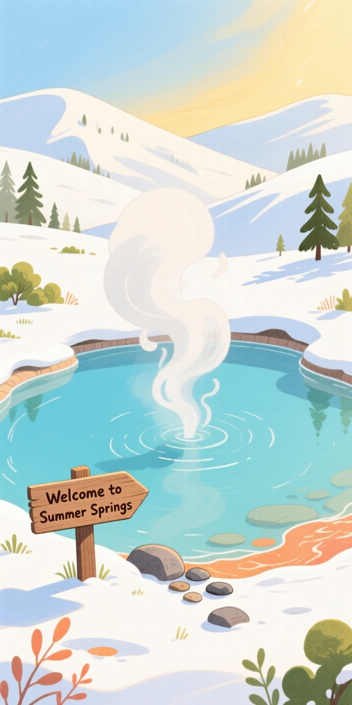 A panoramic scene of a hot spring steaming in a snowy landscape in the height of summer.
