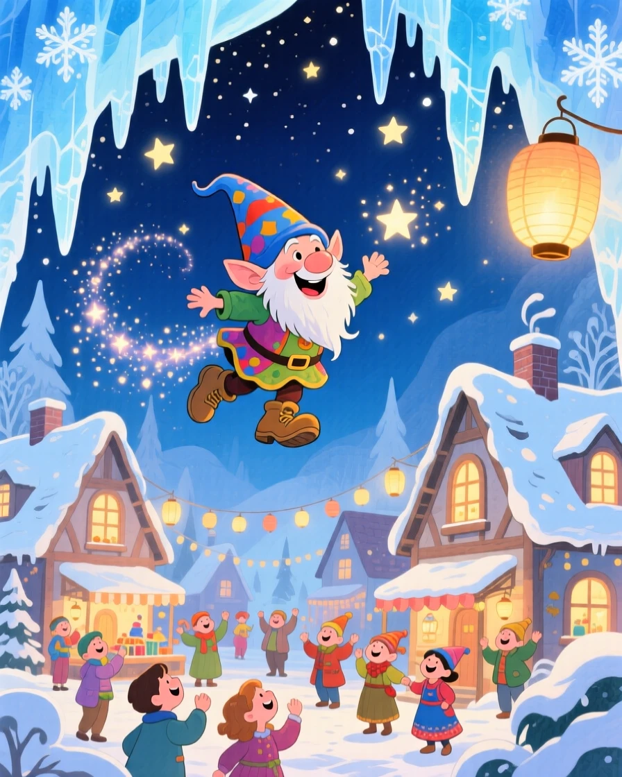 A mischievous gnome soaring above a village during a starlit festival, in a sparkling ice cave, sparking pure childlike delight.