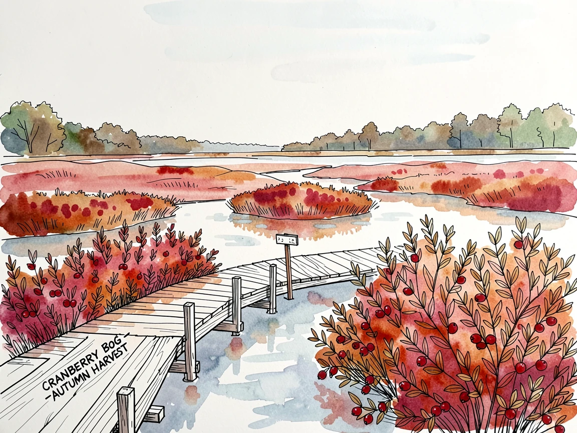 A quiet cranberry bog glowing crimson in early autumn, a sense of calm and vastness filling the open space.