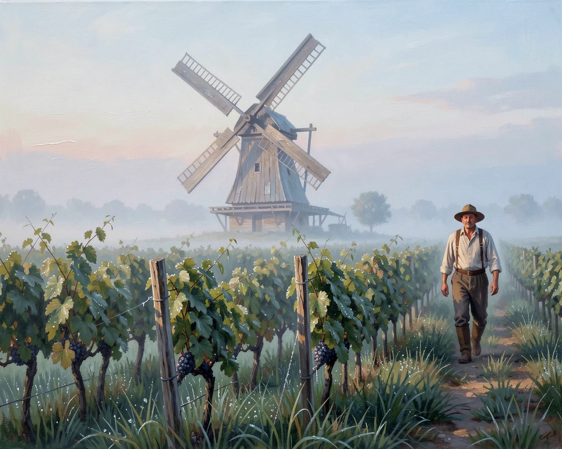 On a misty early morning with dew on the grass, rows of grapevines stretching toward the horizon, with a windmill turning slowly in the distance, a farmer walking along the edge of the field at dusk.