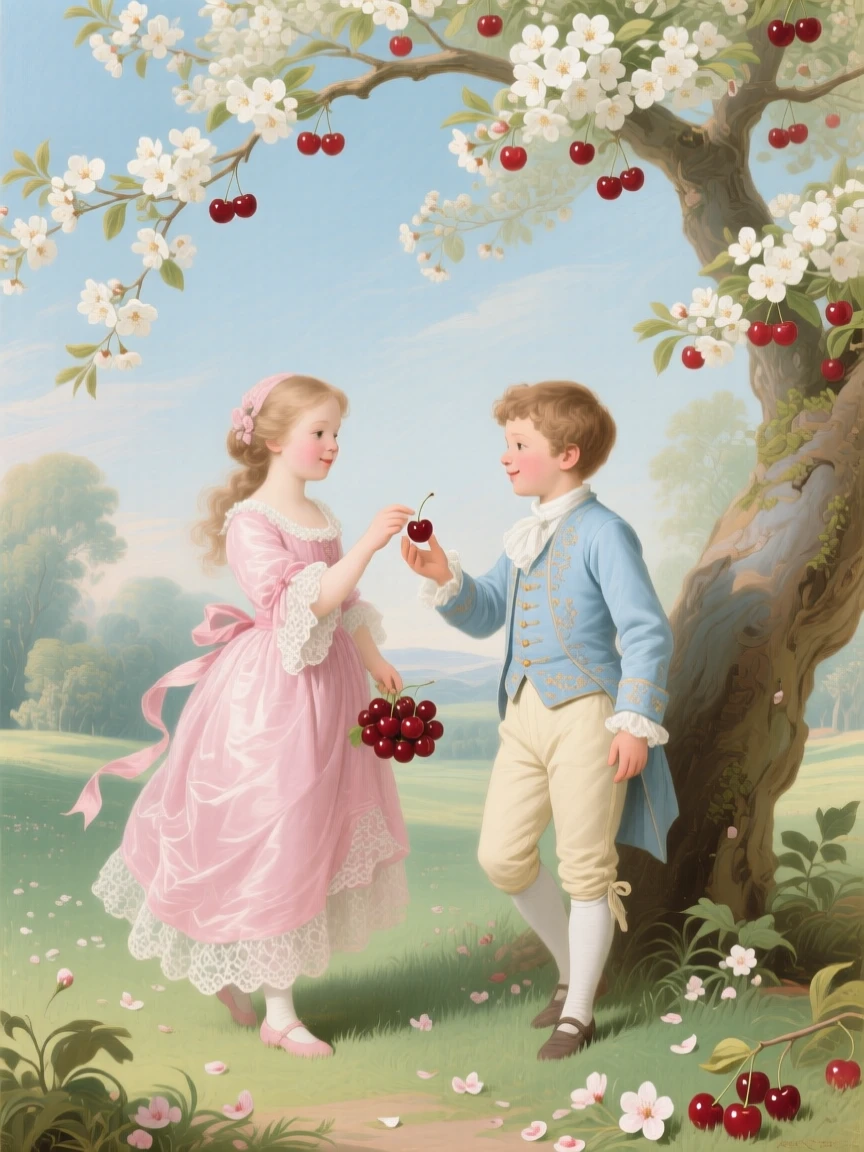 A boy and girl sharing cherries beneath an orchard tree  