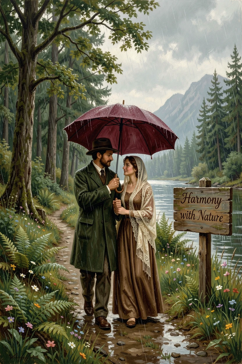 A couple shares an umbrella while walking through a gentle rain.
