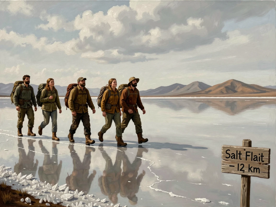 A group of hikers crossing a vast salt flat that mirrors the sky perfectly, as the thrill of discovery radiates through the entire composition, celebrating exploration, discovery, and unforgettable experiences