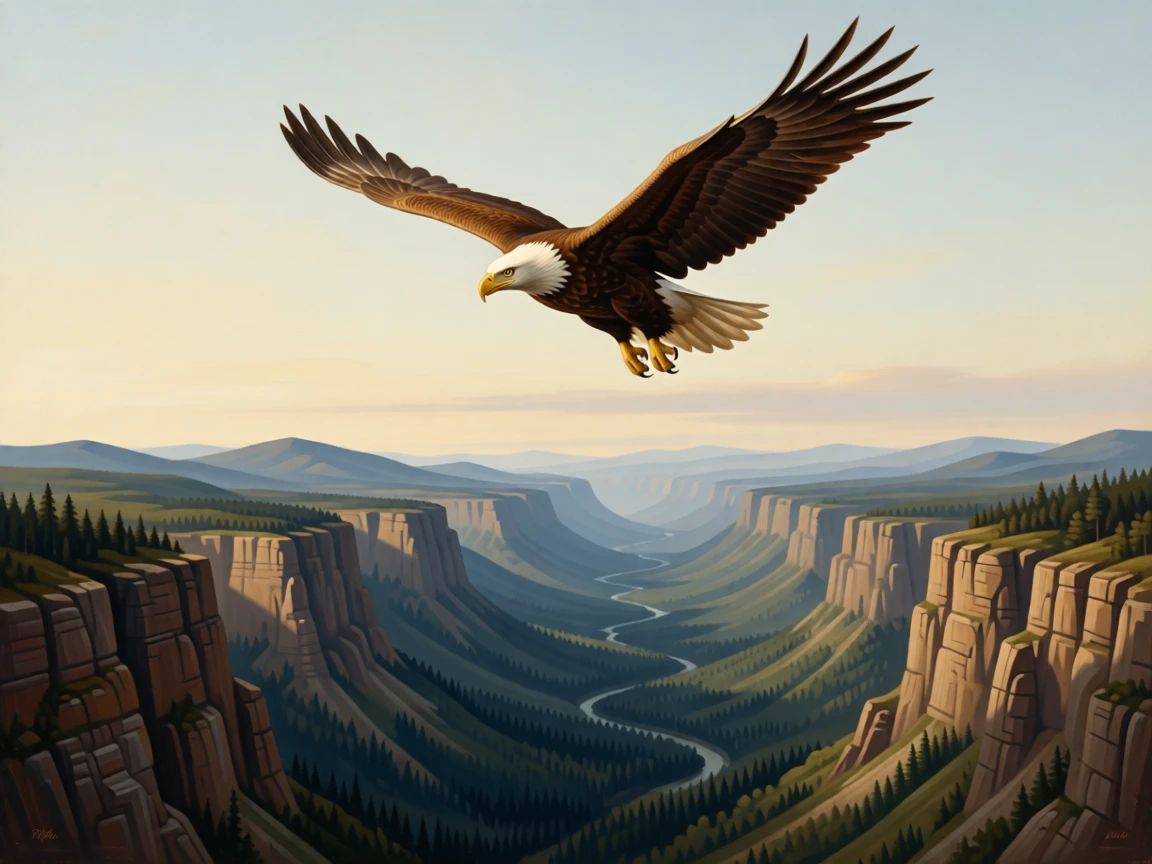 An eagle soaring high above a dramatic mountain gorge at the peaceful, unguarded heart of the natural world, set within an untouched wilderness far from human hands, with distant mountains or forests fading softly into the horizon; the composition balances raw power with graceful, natural stillness, evoking wonder, majesty, and reverence for the natural world.