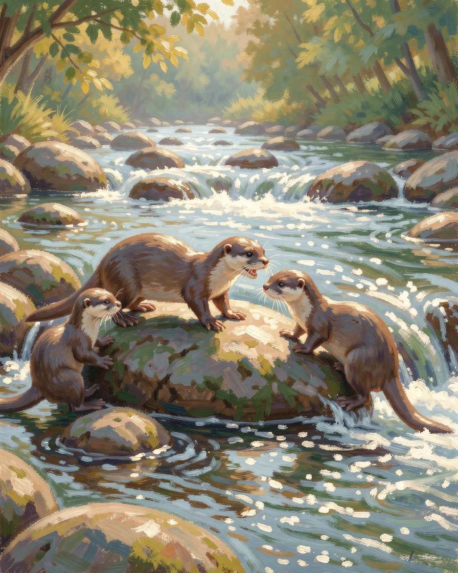 A family of otters playing on river rocks, sunlight sparkling on the rushing water around them, evoking timeless charm and quiet elegance.