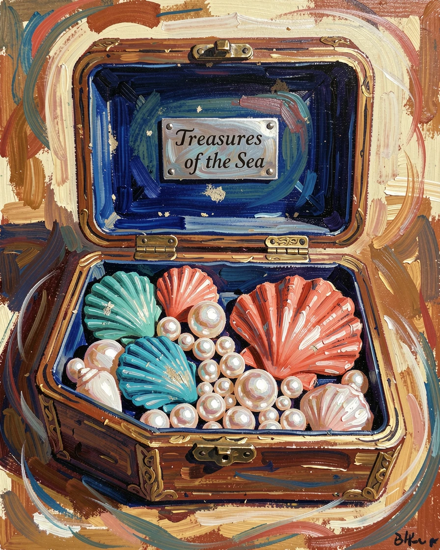 A collection of seashells and pearls displayed in an antique jewelry box.