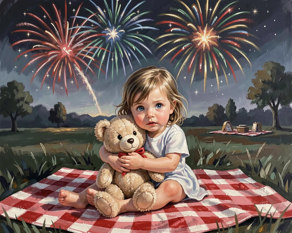 A little girl hugs her stuffed animal tightly while watching fireworks from a picnic blanket, wonder visible in her wide eyes, the surrounding environment framing them naturally without overwhelming the human focus of the scene.