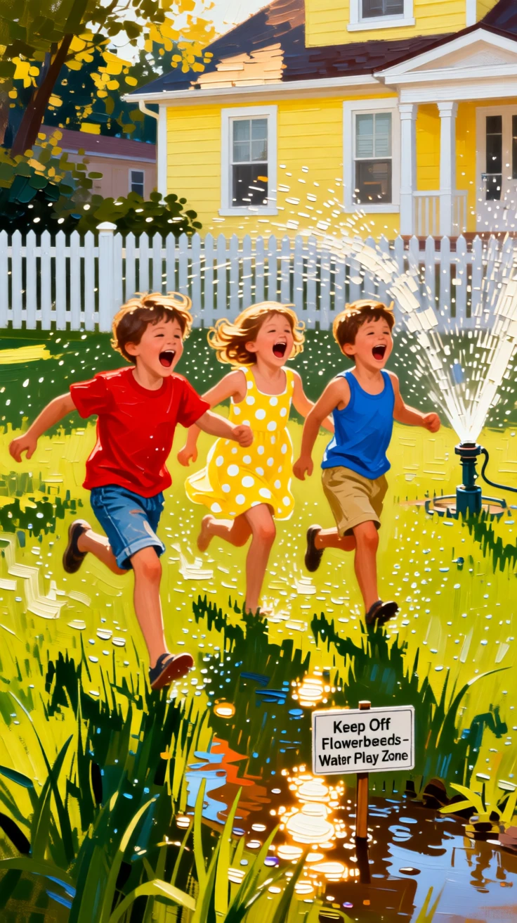 Children running through a sprinkler on a sunny suburban lawn, laughter frozen mid-motion