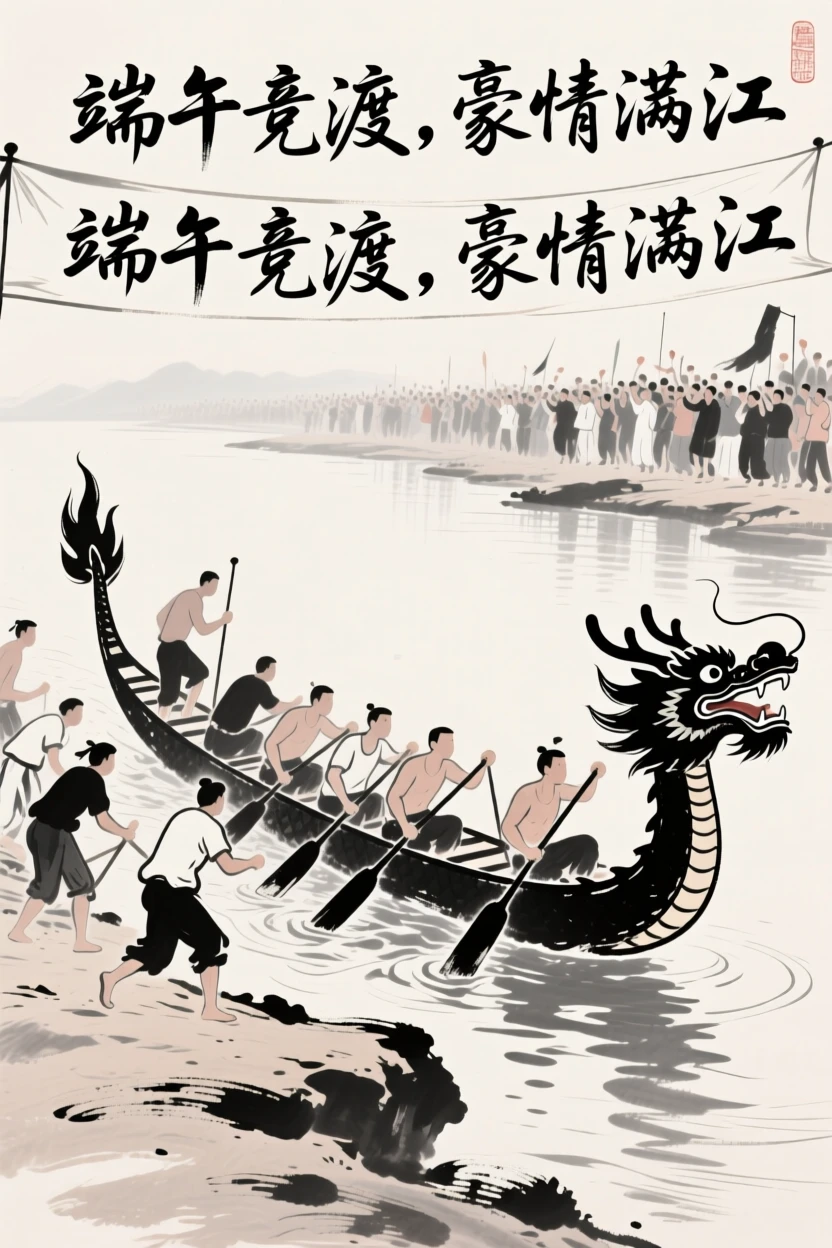 A team prepares their dragon boat at the riverbank before the festival race begins, as the crowd's cheers echo along the riverbank.