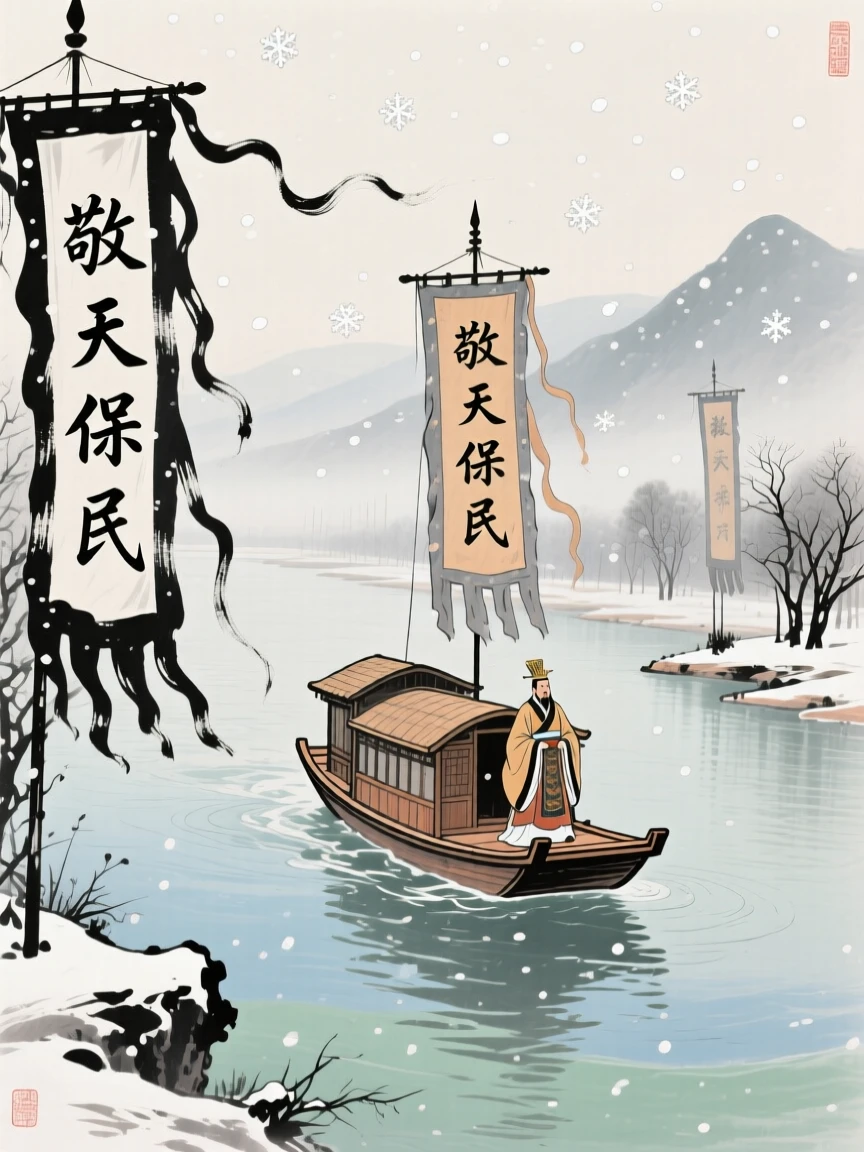 An emperor's barge gliding slowly down a wide river flanked by banners, beneath softly falling snow, full of quiet reverence.