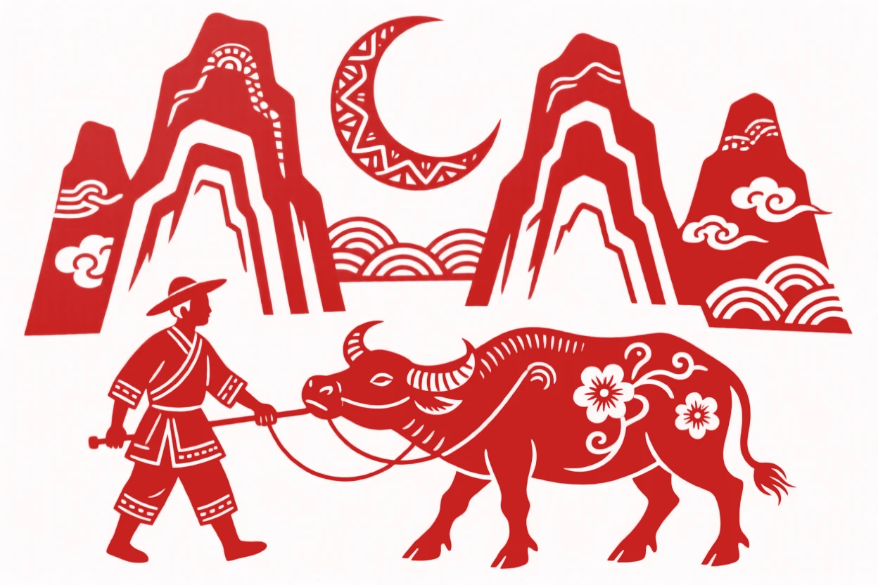 A composition of a farmer leading a water buffalo beneath towering karst peaks, a crescent moon rising above the ridgeline.