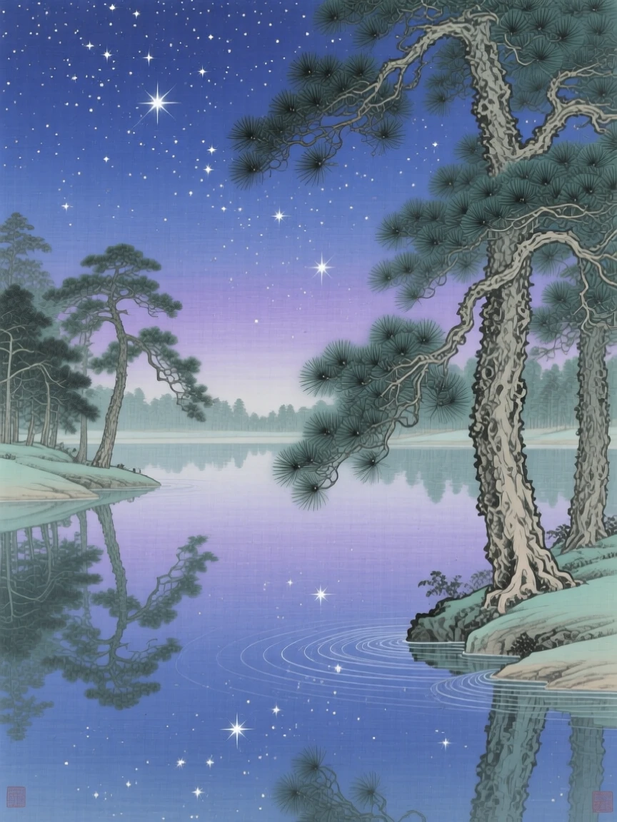A starry sky reflected in a still lake, framed by the silhouettes of ancient pine trees