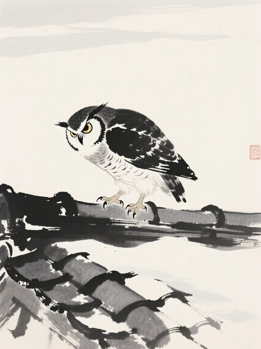 An owl landing gently on a rooftop tile against a pale, empty winter sky, seen up close with delicate feather detail, capturing a fleeting moment of natural beauty.