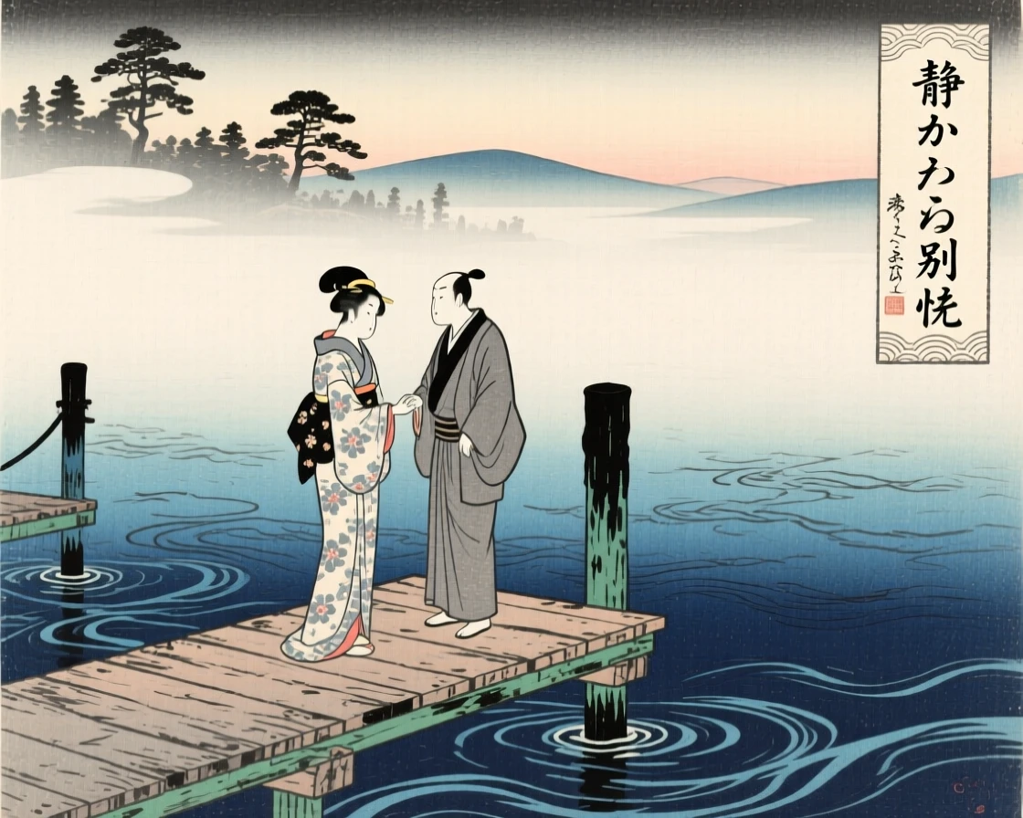 A quiet farewell exchanged on a fog-covered dock, over dark churning water.