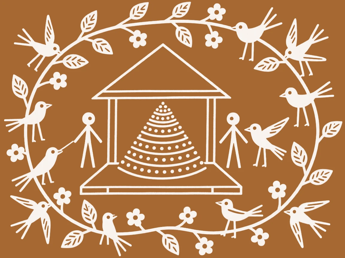 A composition centered on a harvest altar encircled by birds and blooming branches.