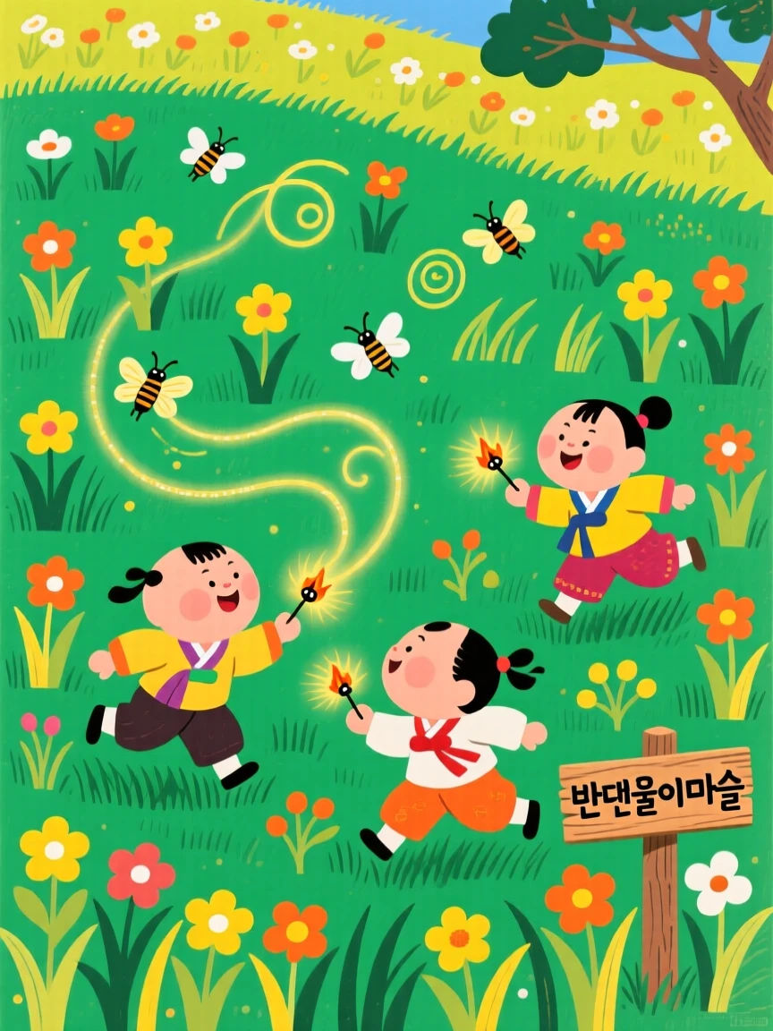 Children chasing fireflies in a summer meadow.