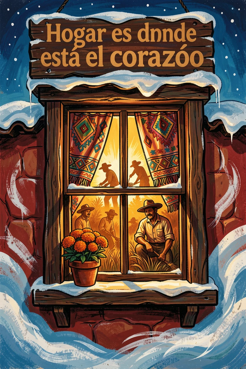 A farmhouse window glowing warmly on a snowy evening