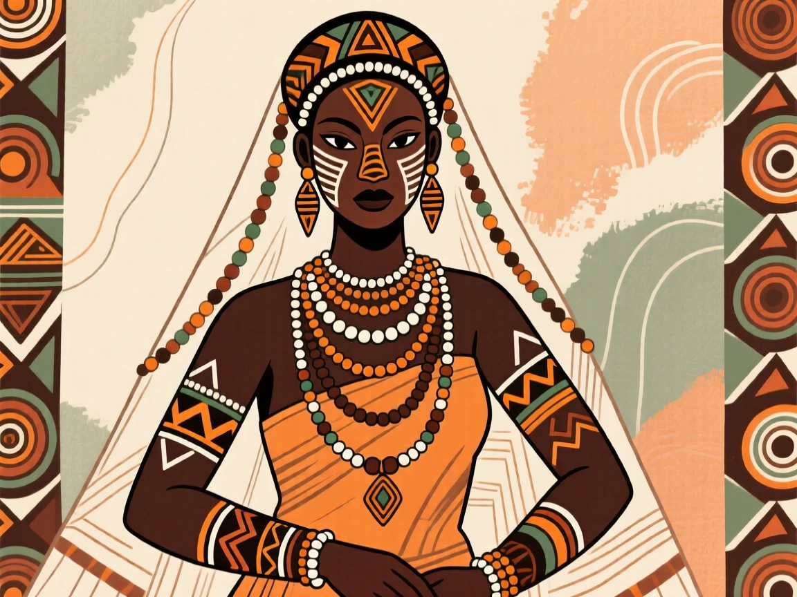 A bride adorned in ceremonial beads on her wedding day.