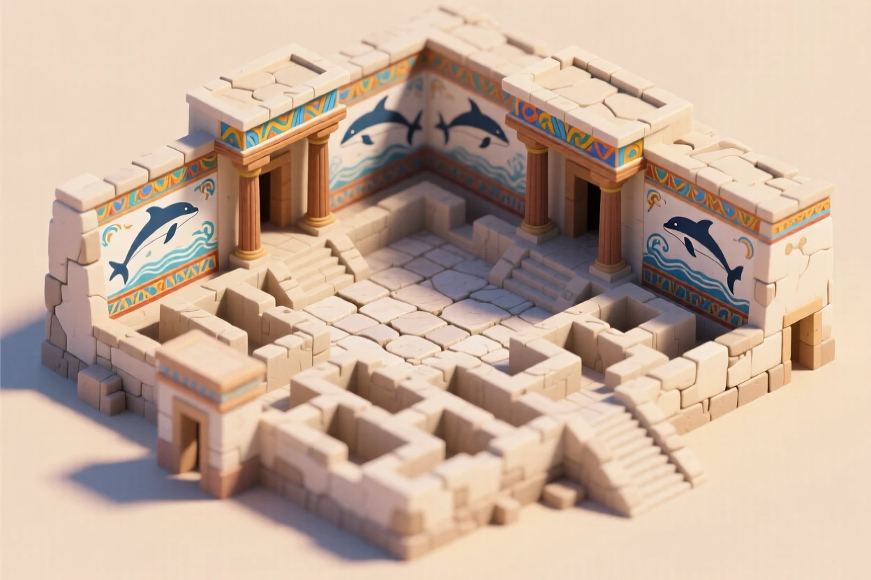 An ancient Minoan palace complex with colorful frescoes, a labyrinth of corridors, and dolphins painted on courtyard walls.