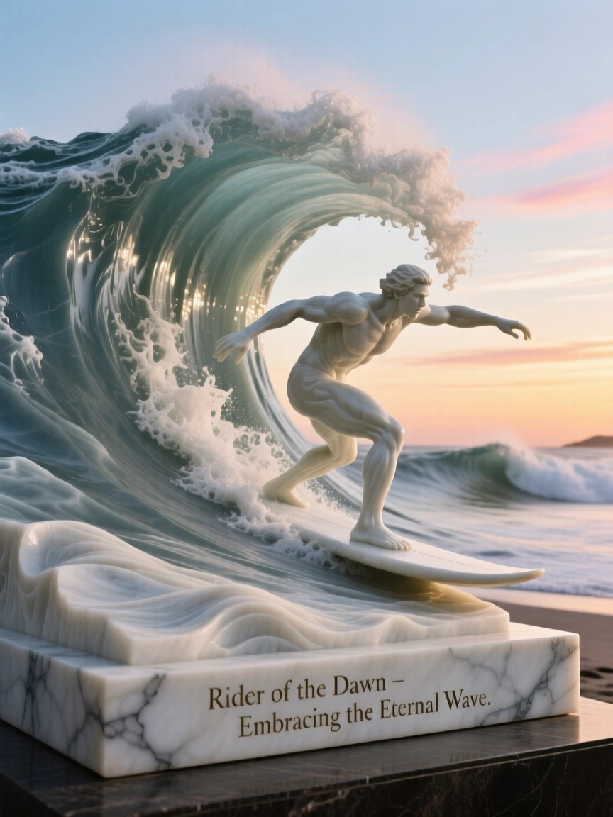 An evocative depiction of a surfer riding a towering wave at dawn, under a brilliant, colorful sky, balancing detail with emotional depth