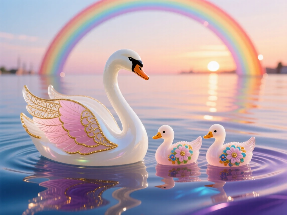 A mother swan and cygnets gliding beneath a rainbow reflected on the calmest water at sunset, tender and hopeful.
